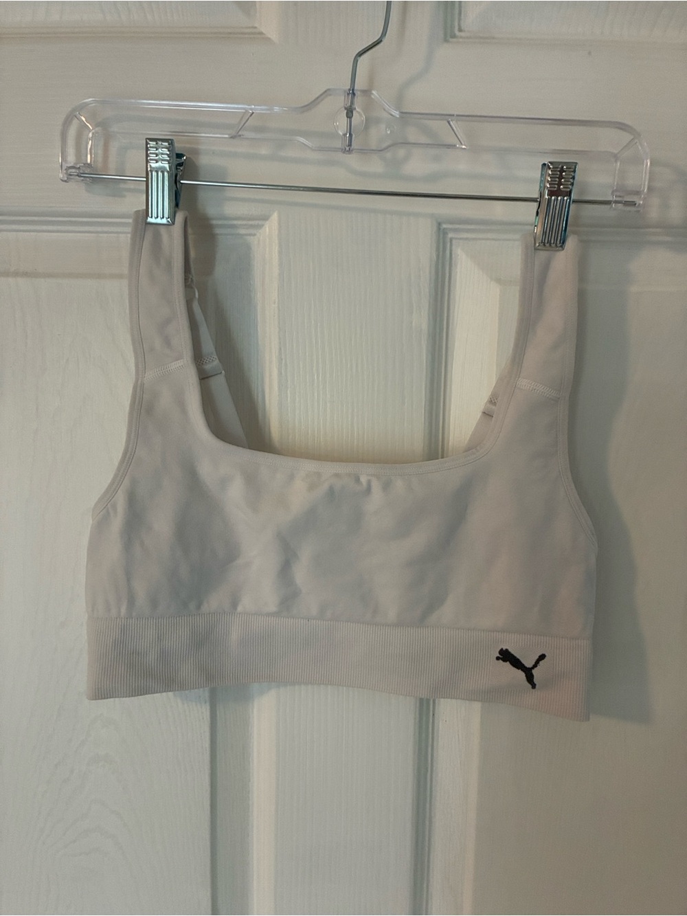 Puma Sports Bra in White with Black Puma Logo. No padding